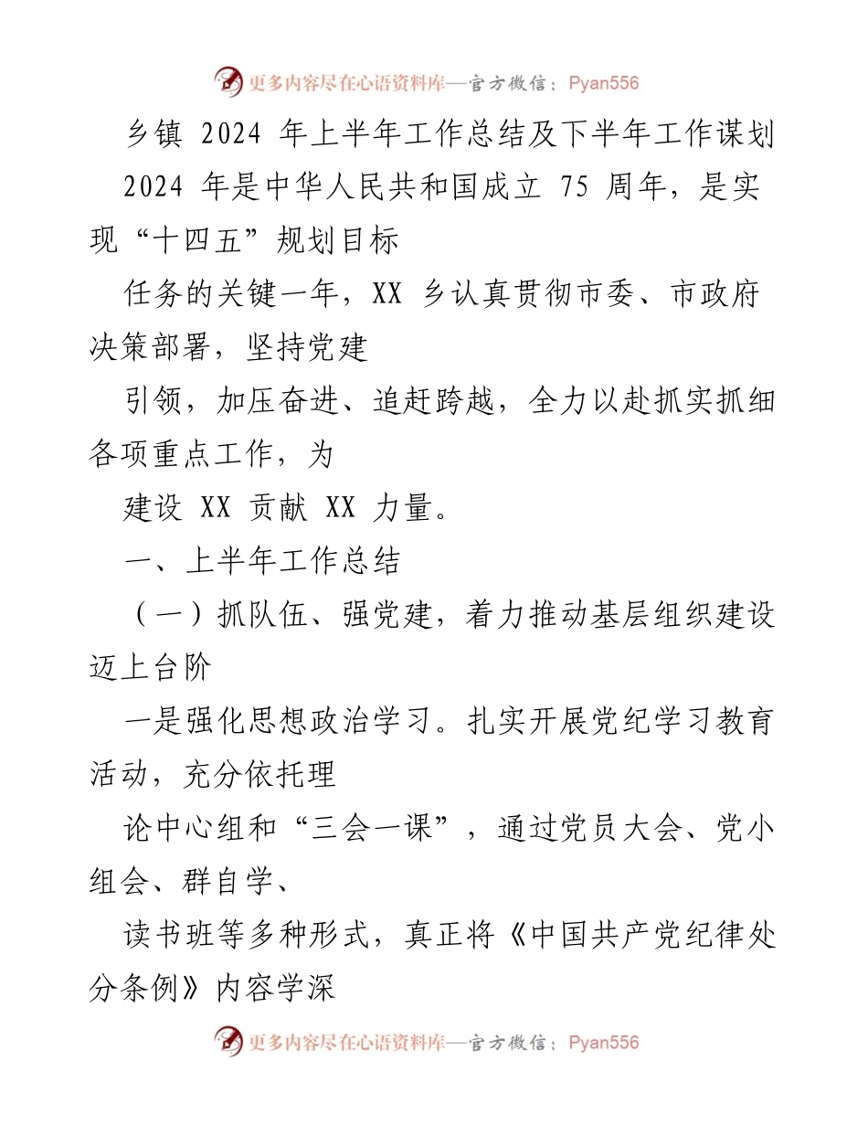 [工作总结] 乡镇 - 2024年上半年工作总结与下半年工作谋划.docx_第1页