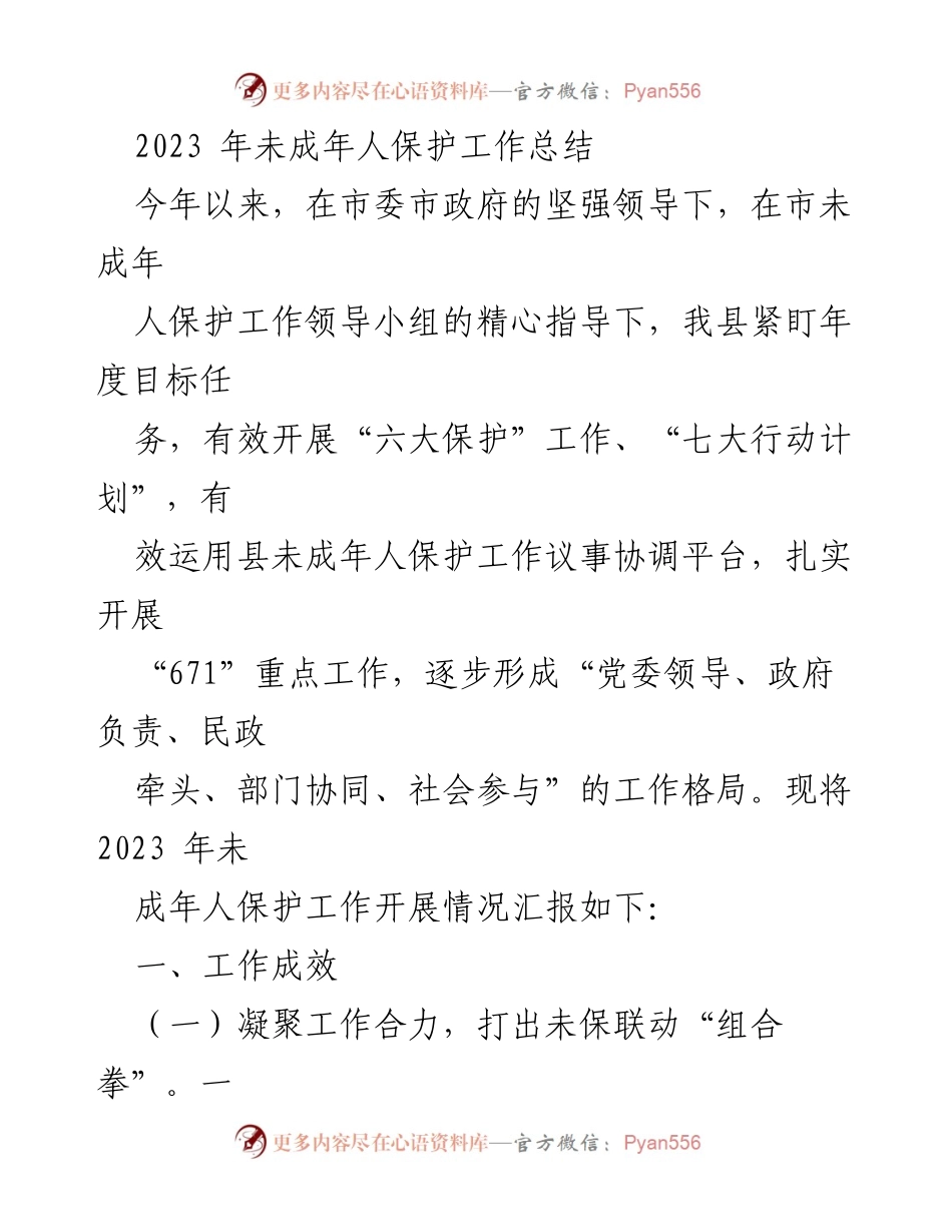 [工作总结] 2023年未成年人保护工作 - 2023年未成年人保护工作成效与措施总结.docx_第1页