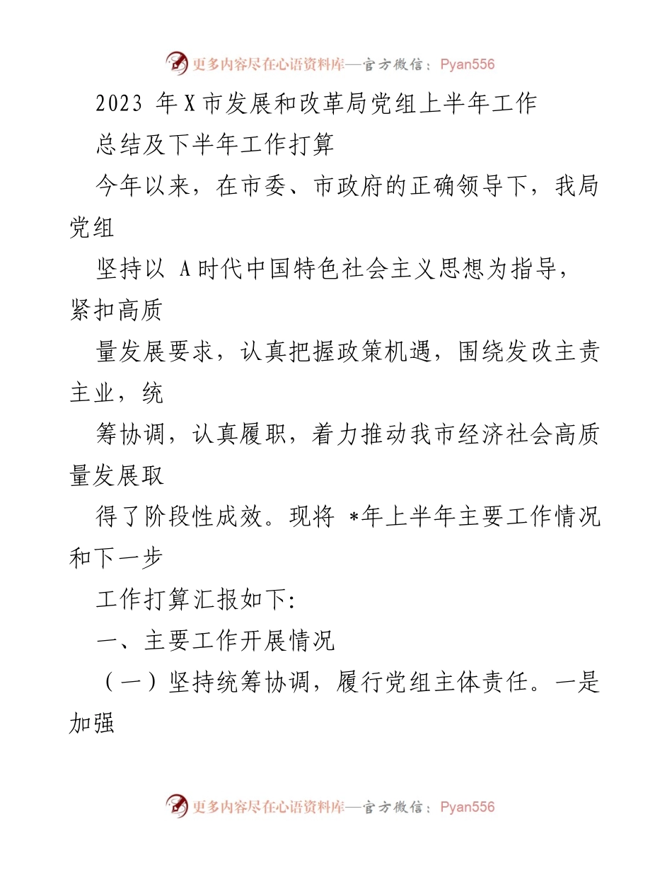 [工作总结] 上半年工作汇报 - 2023年X市发展和改革局上半年工作总结及下半年计划.docx_第1页