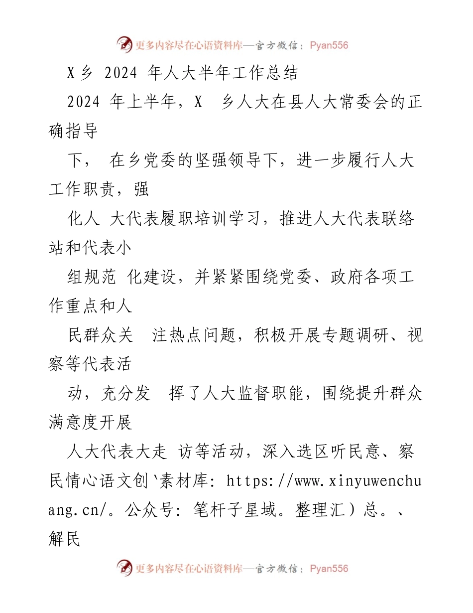 [工作总结] X乡2024年上半年 - X乡人大2024年上半年工作总结报告.docx_第1页