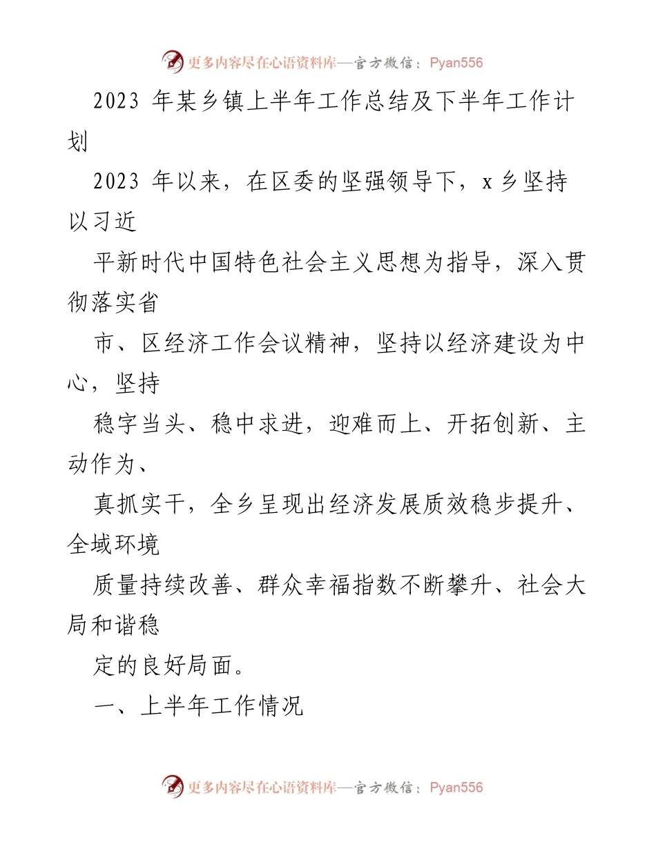 [工作总结] 乡镇工作会议 - 2023年上半年工作总结及下半年工作计划.docx_第1页