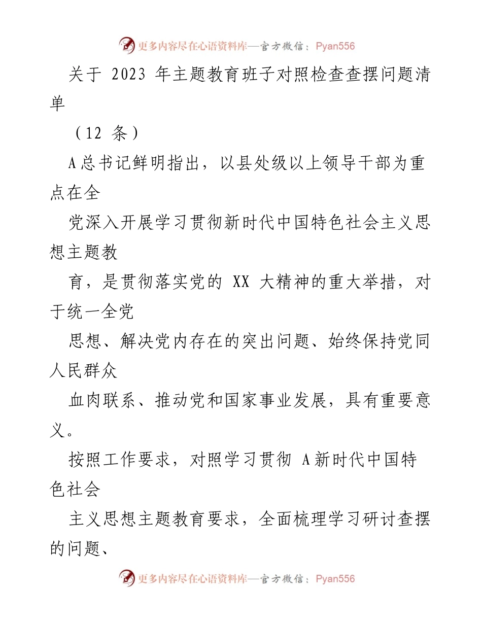 [工作总结] 主题教育 - 2023年主题教育班子对照检查问题清单分析_1.docx_第1页