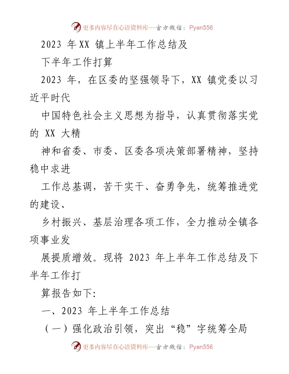 [工作总结] XX 镇 - 2023 年上半年工作总结及下半年工作打算.docx_第1页