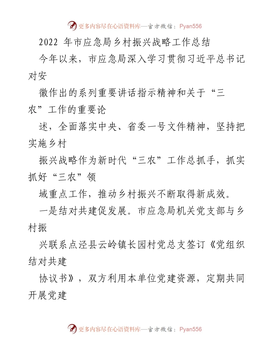 [工作总结] 乡村振兴 - 市应急局2022年乡村振兴战略工作总结.docx_第1页
