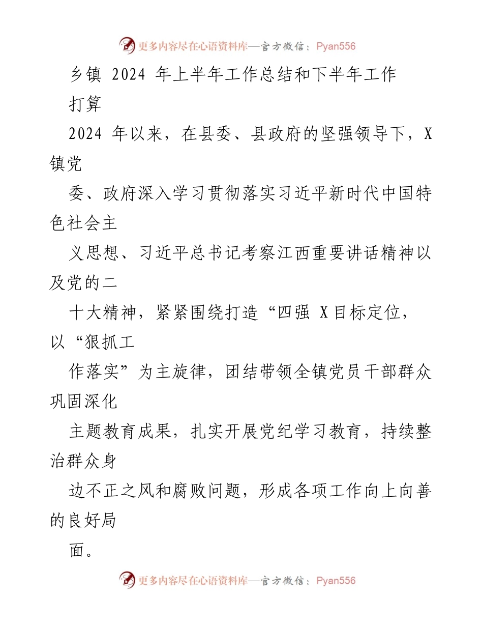 [工作总结] 乡镇 - 2024年上半年工作总结与下半年发展规划.docx_第1页