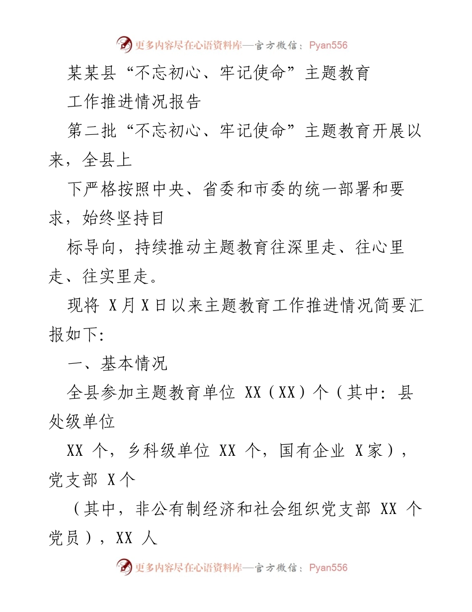 [工作总结] 主题教育推进 - 某某县“不忘初心、牢记使命”主题教育工作推进情况总结报告.docx_第1页