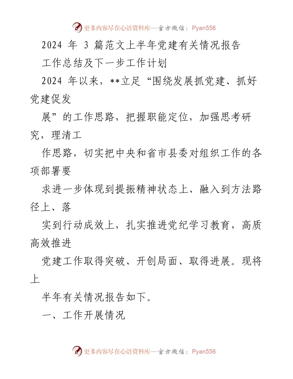 [工作总结] 上半年党建工作 - 2024年上半年党建工作情况报告及下一步计划.docx_第1页