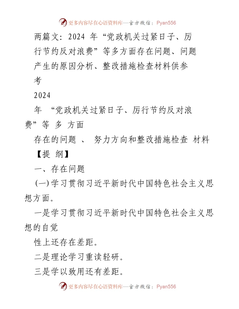 [工作总结] 专题民主生活会 - 2024年党政机关节约反浪费问题及整改措施分析.docx_第1页