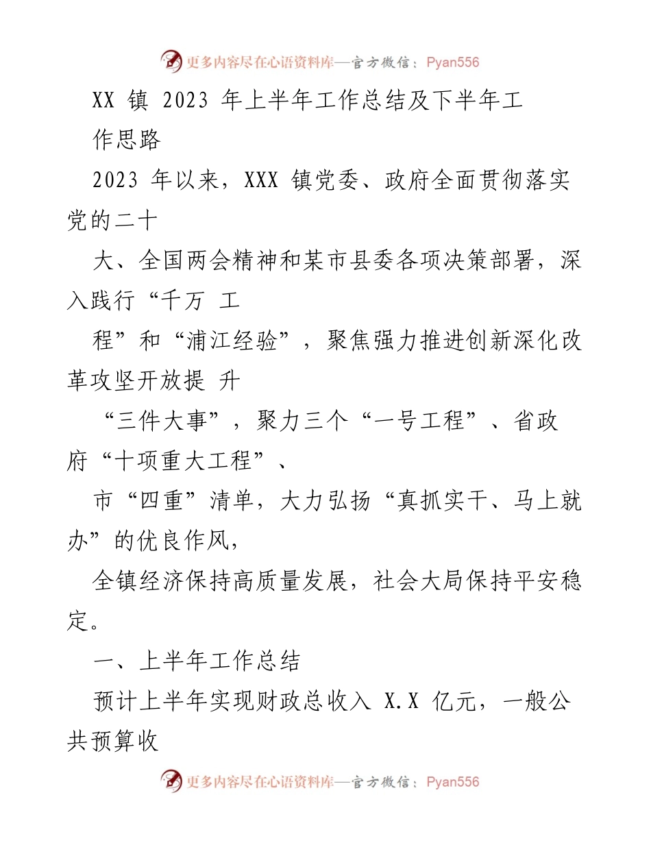 [工作总结] XX 镇 2023 年上半年 - 2023 年上半年工作总结及下半年工作思路.docx_第1页