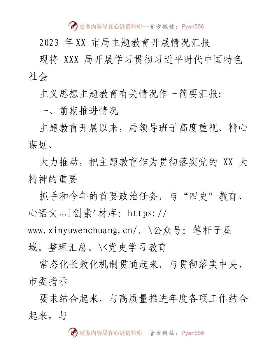 [工作总结] 主题教育 - 2023年XX市局主题教育开展情况汇报_2.docx_第1页