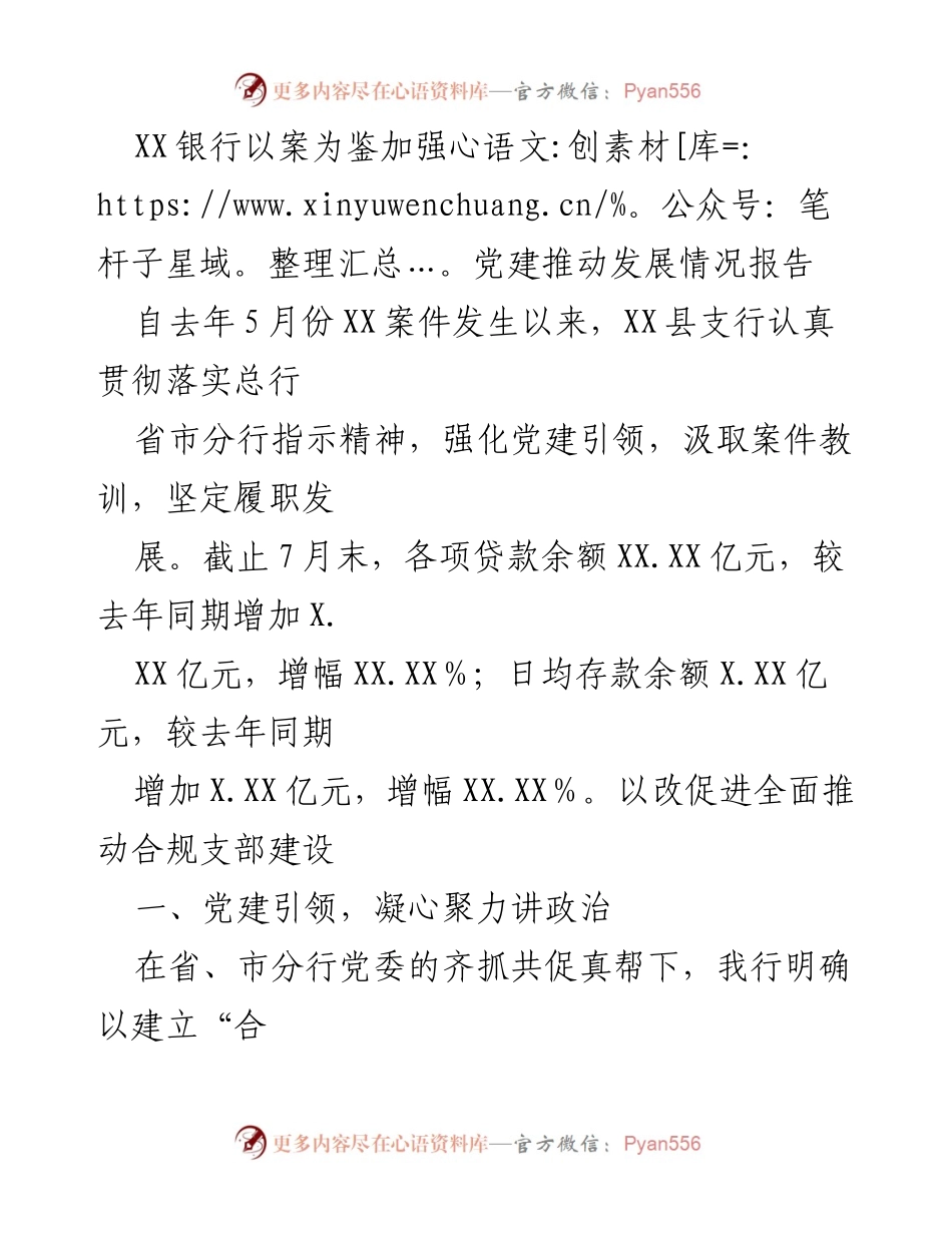 [工作总结] XX银行党建工作 - 加强党建引领，推动发展：XX银行以案为鉴的实践与成效报告.docx_第1页