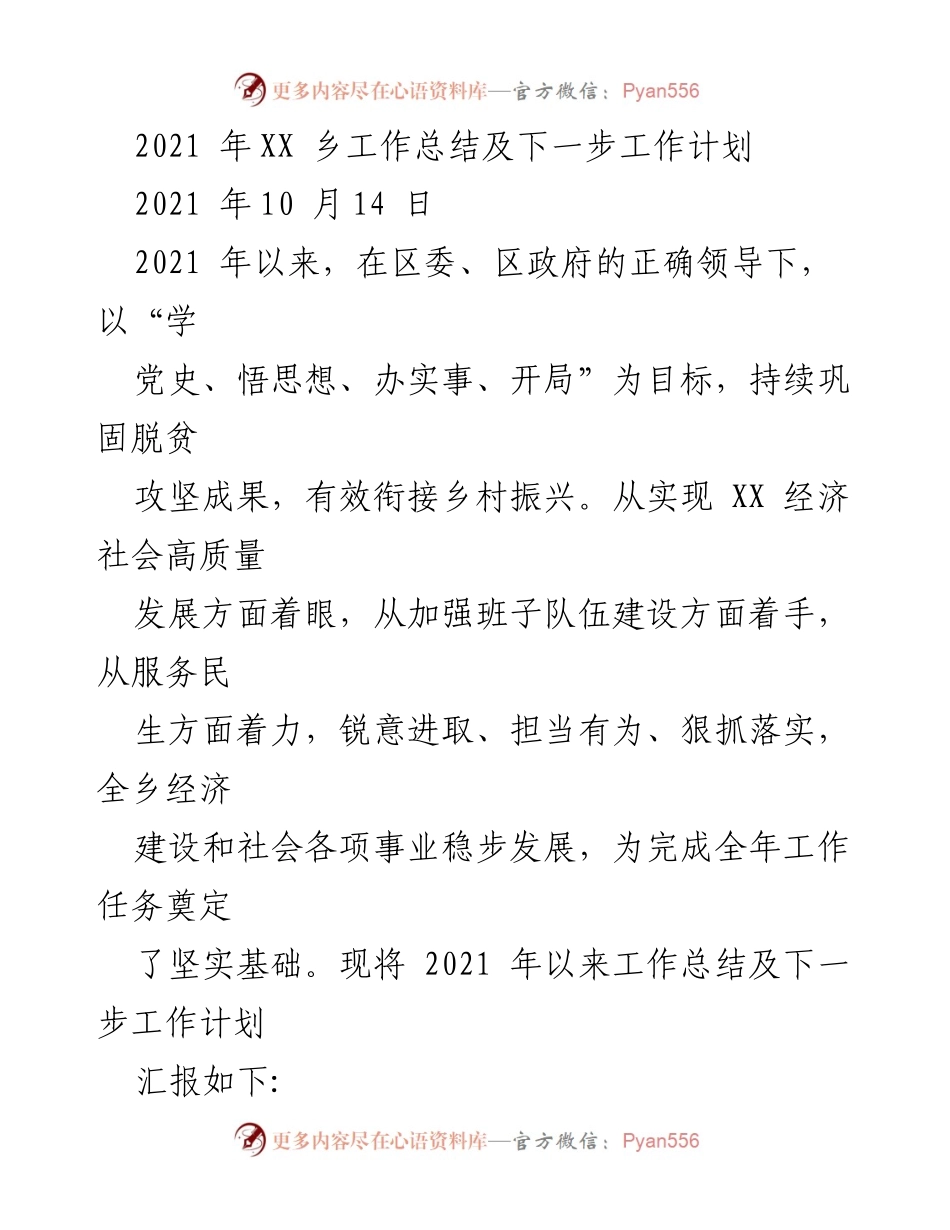 [工作总结] 乡镇工作会议 - 2021年XX乡工作总结与未来发展计划.docx_第1页