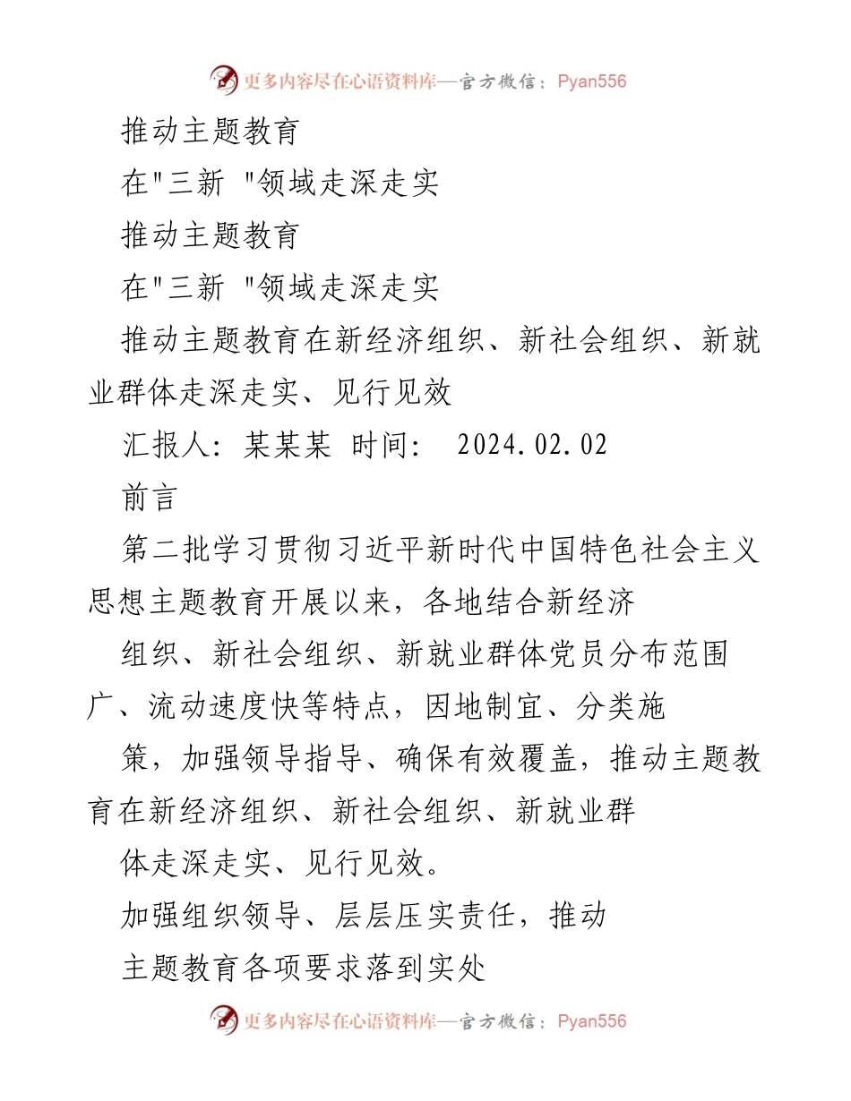 [工作总结] 主题教育推进 - 推动主题教育在“三新”领域的有效落实与实践.docx_第1页