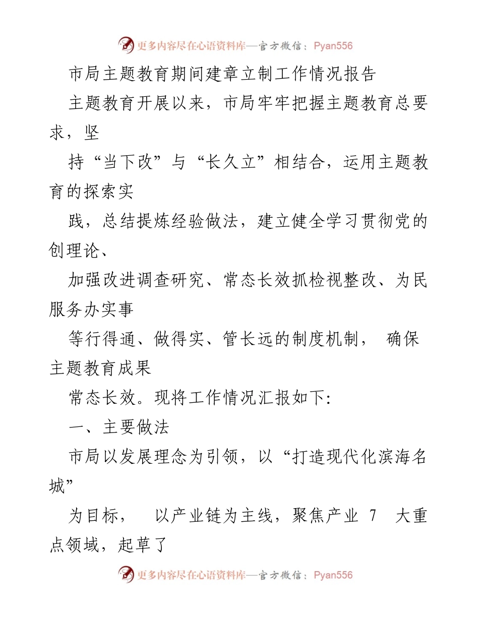 [工作总结] 主题教育 - 市局主题教育期间建章立制工作情况报告.docx_第1页