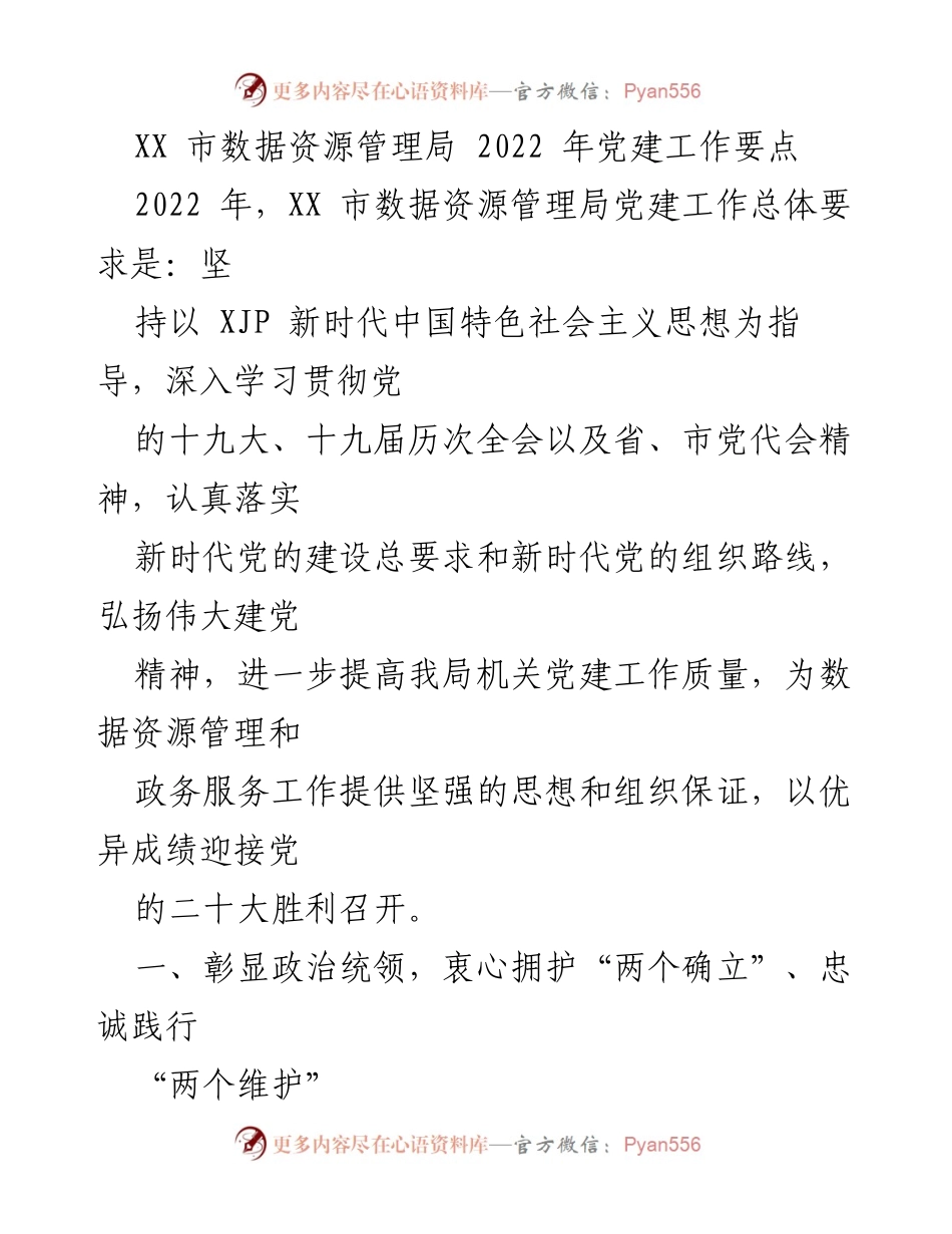 [工作总结] XX市数据资源管理局 - 2022年党建工作要点与实施计划.docx_第1页