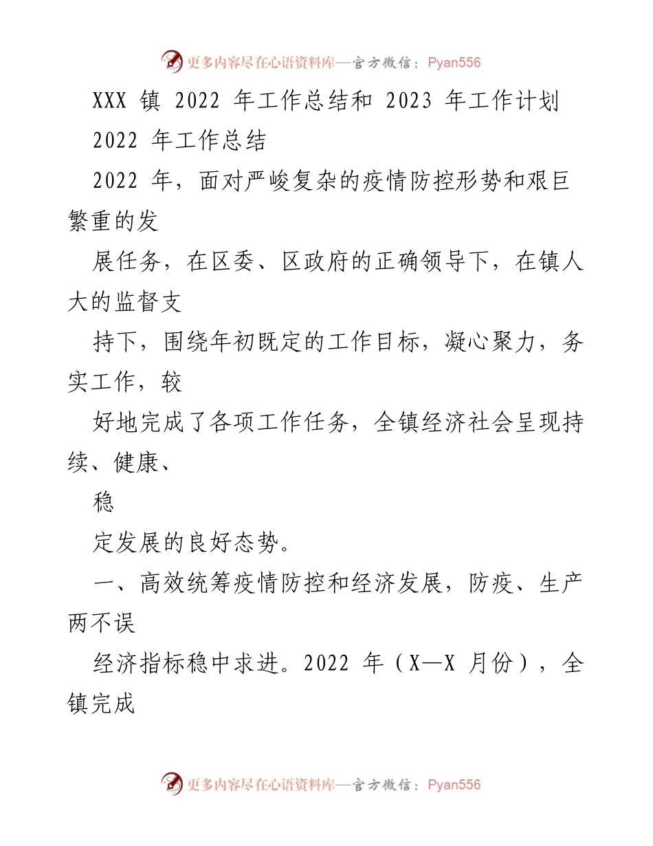 [工作总结] XXX 镇 - 2022 年工作总结及 2023 年工作计划_2.docx_第1页