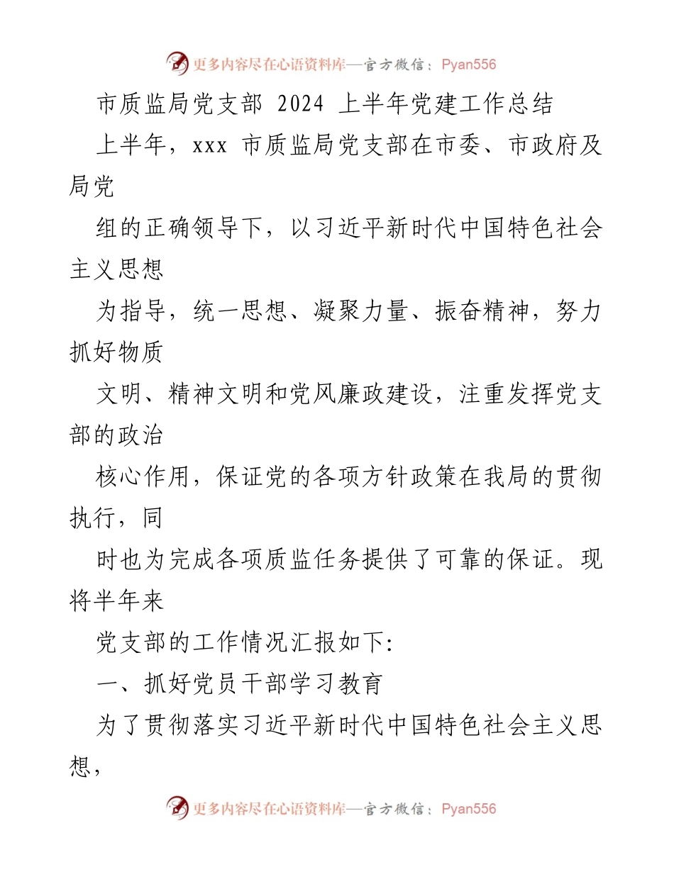 [工作总结] 上半年党建工作 - 市质监局党支部2024年上半年党建工作总结.docx_第1页