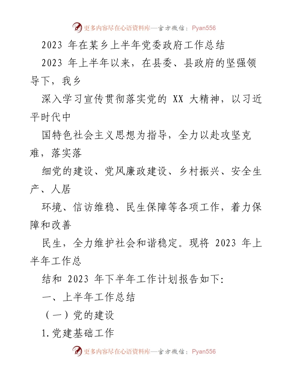 [工作总结] 乡党委政府 - 2023年上半年工作总结与下半年计划报告.docx_第1页