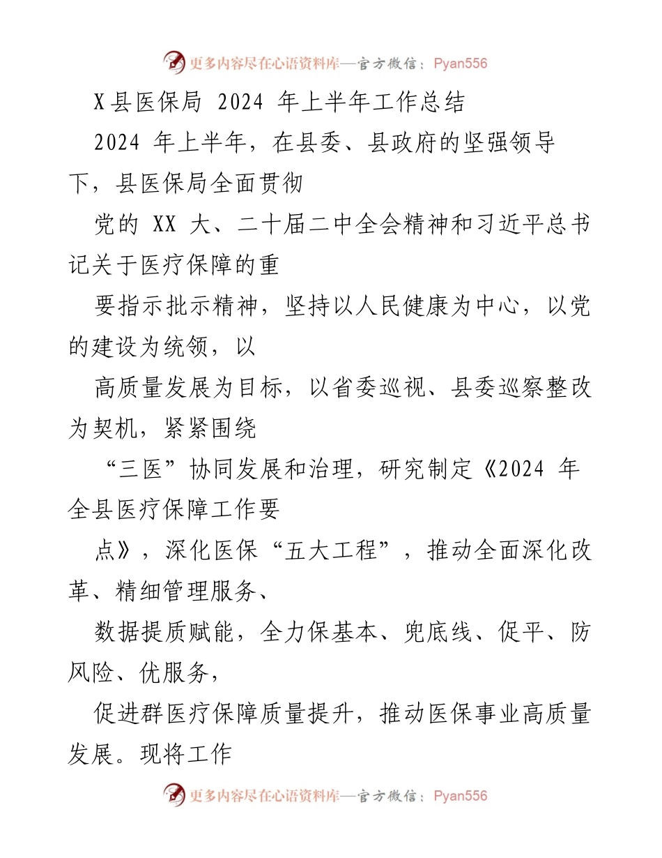[工作总结] X县医保局 - 2024年上半年医疗保障工作总结与发展方向.docx_第1页