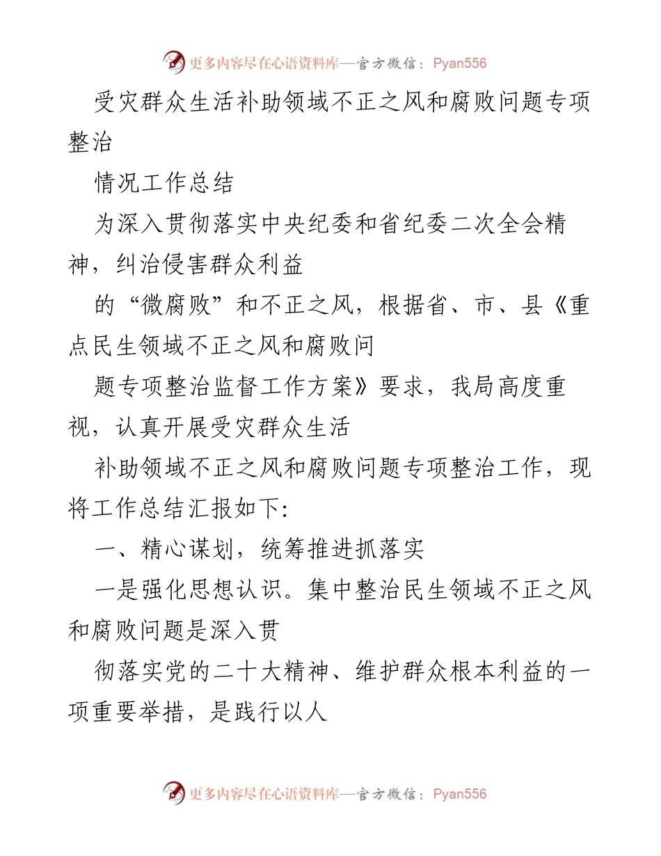 [工作总结] 专项整治 - 受灾群众生活补助领域腐败问题整治工作总结.docx_第1页