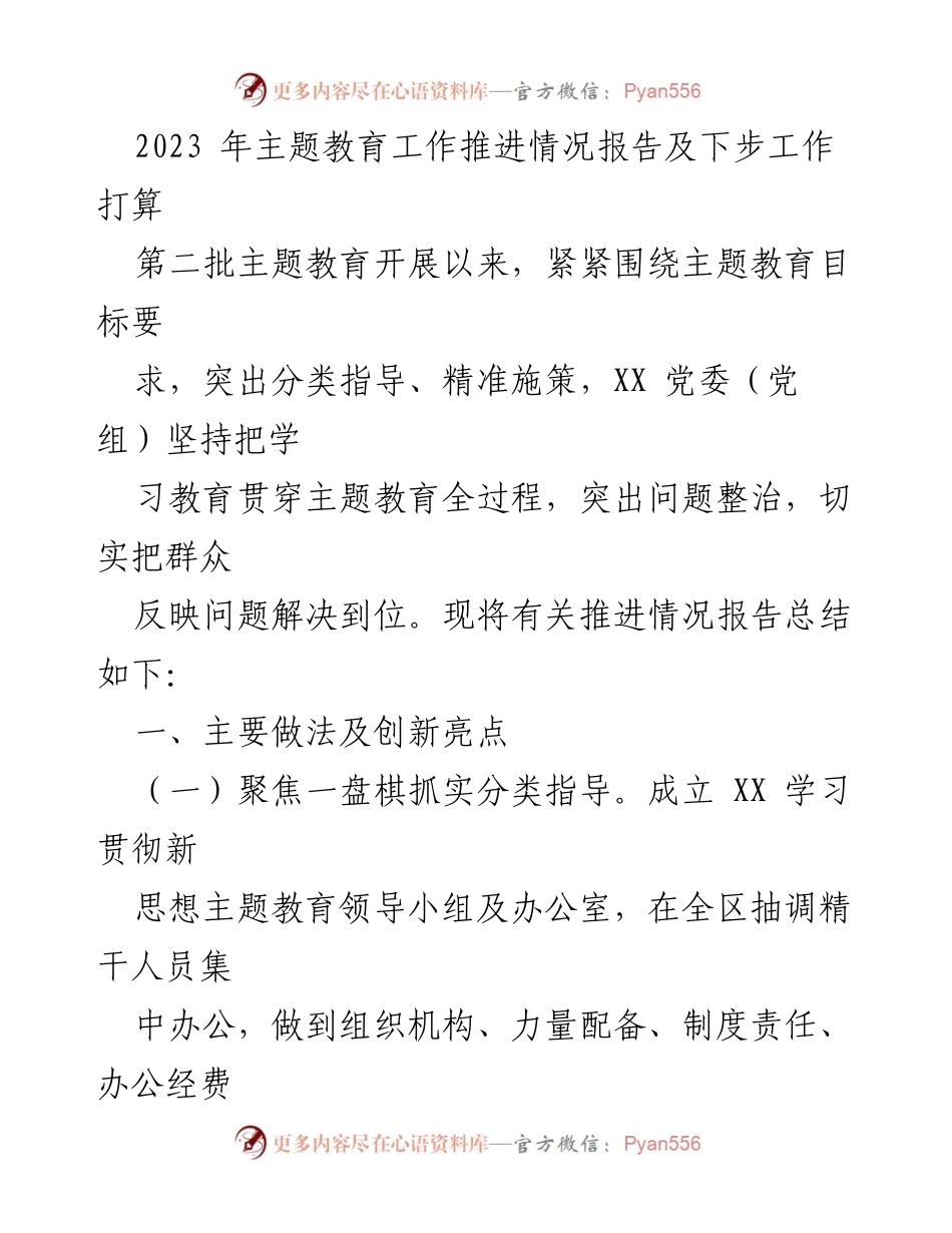 [工作总结] 主题教育推进会议 - 2023年主题教育工作推进情况及下一步计划报告.docx_第1页