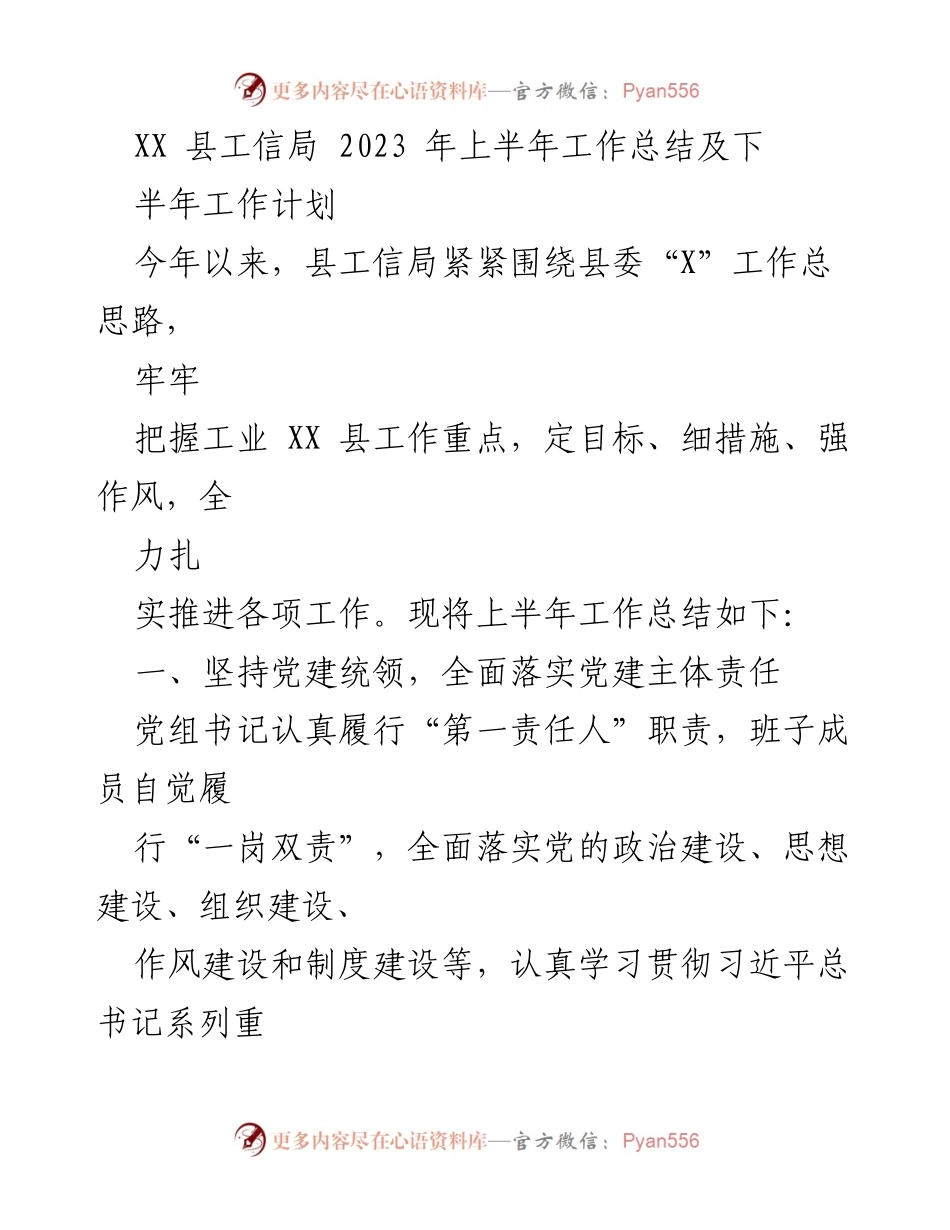 [工作总结] 上半年 - XX县工信局2023年上半年工作总结及下半年工作计划.docx_第1页