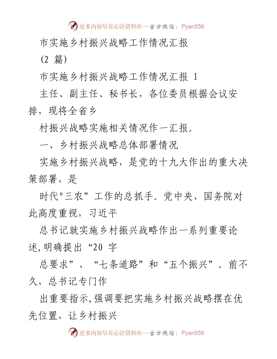 [工作总结] 乡村振兴战略会议 - 市实施乡村振兴战略工作情况汇报.docx_第1页