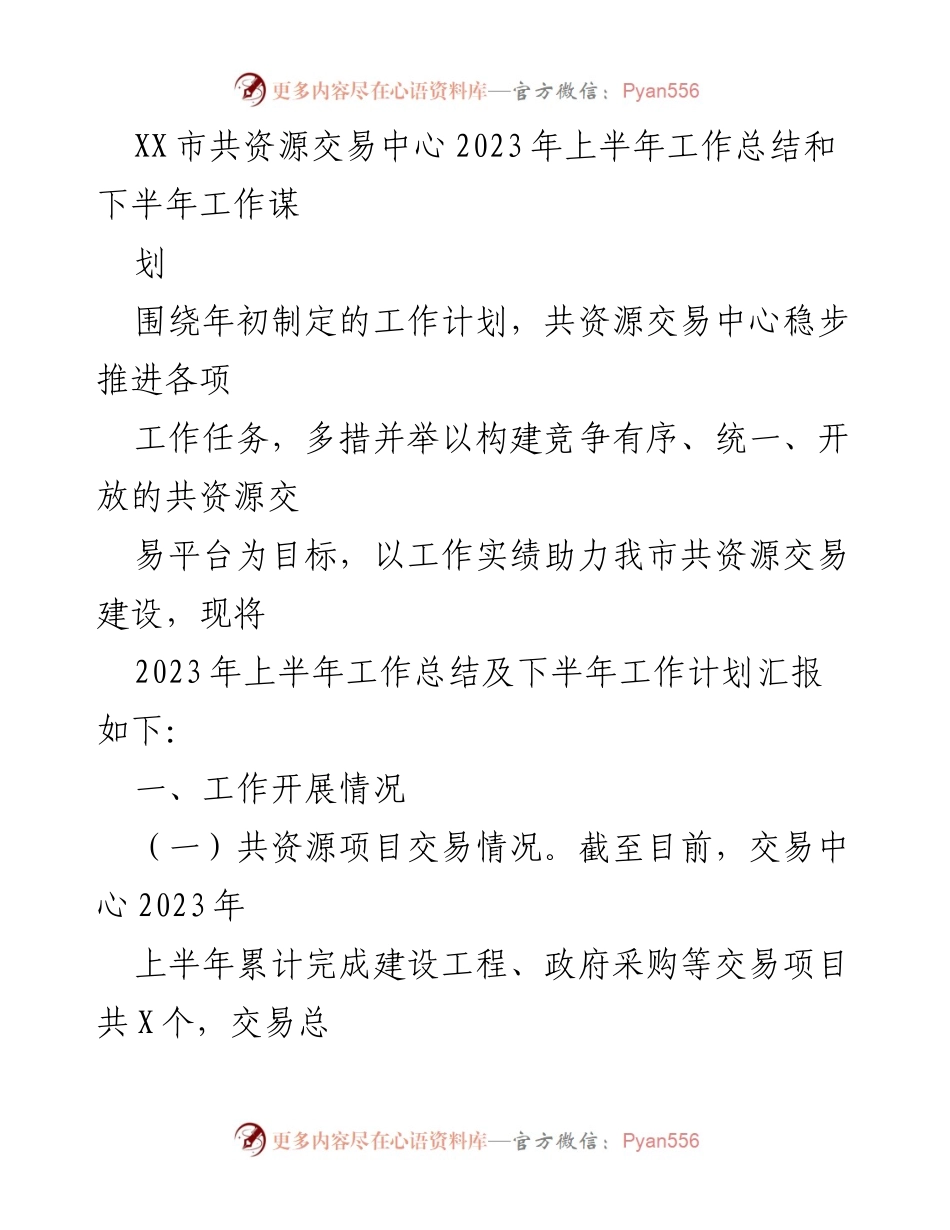 [工作总结] XX市共资源交易中心 - 2023年上半年工作总结与下半年工作谋划.docx_第1页