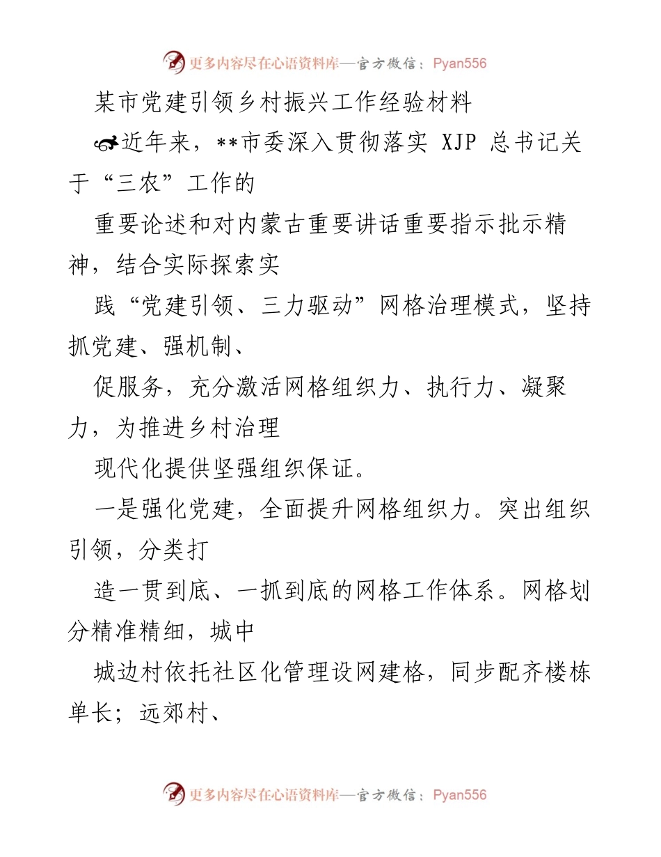 [工作总结] 乡村振兴 - 党建引领乡村振兴的网格治理经验总结.docx_第1页