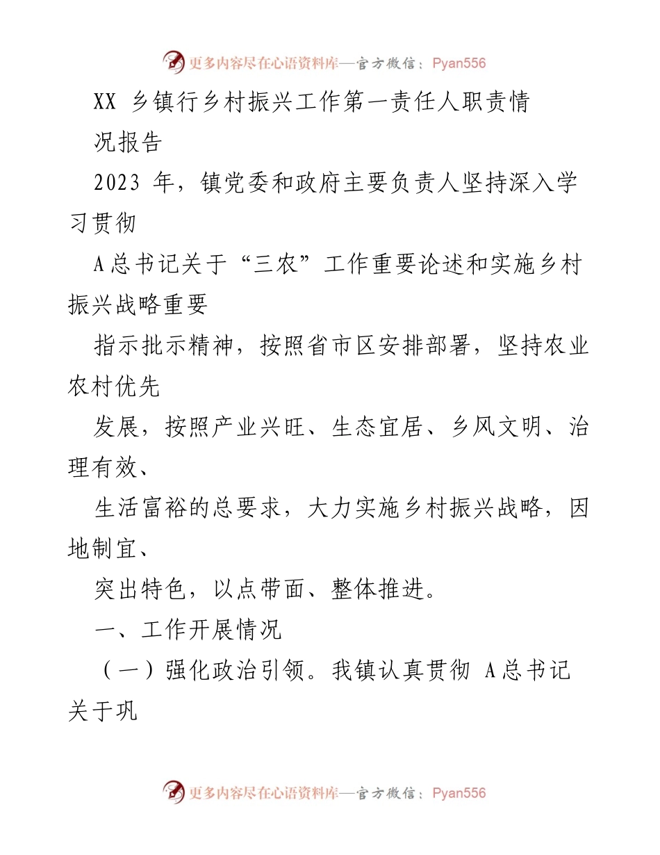 [工作总结] 乡镇 - 2023年乡村振兴工作责任人职责情况报告.docx_第1页
