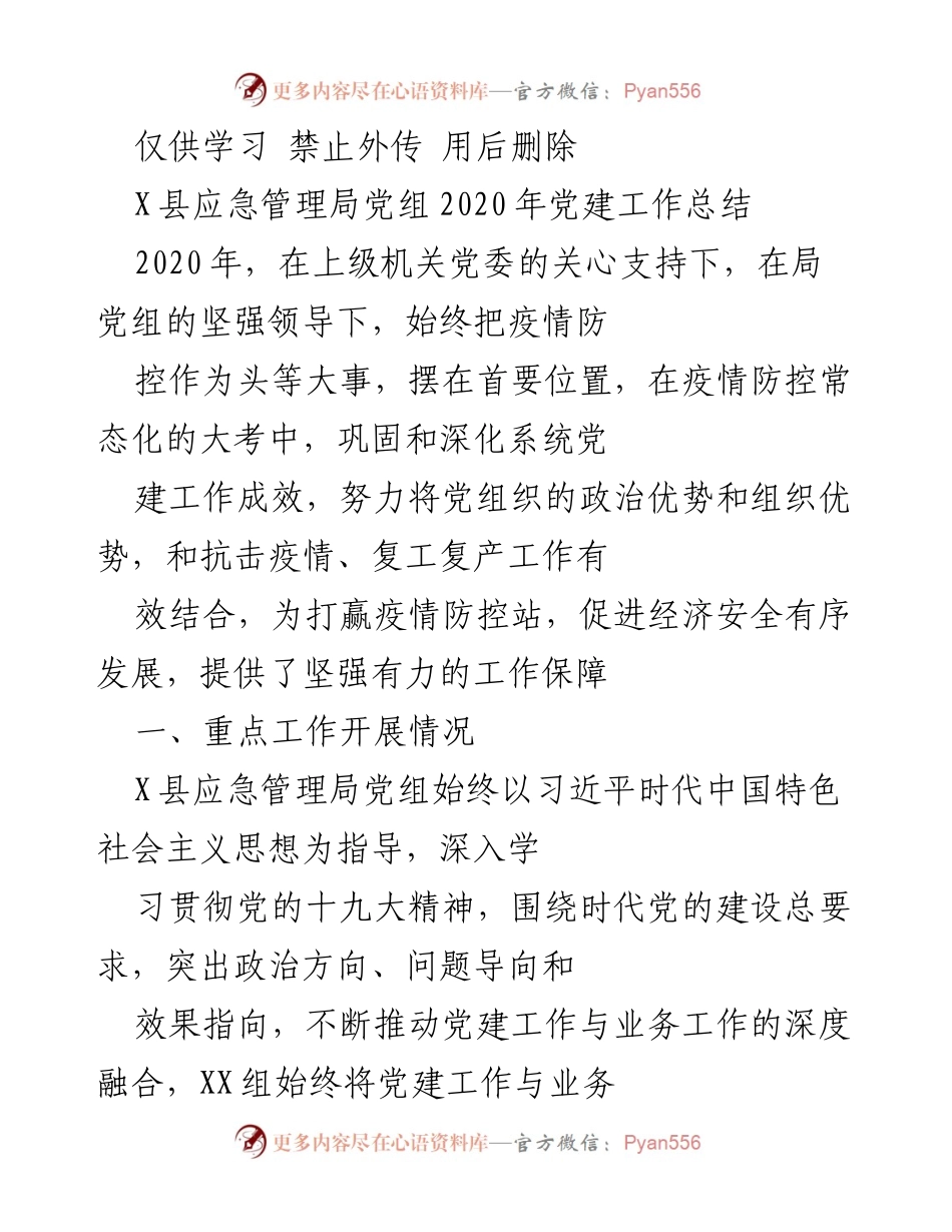 [工作总结] X县应急管理局 - 2020年党建工作总结与疫情防控成效报告.docx_第1页