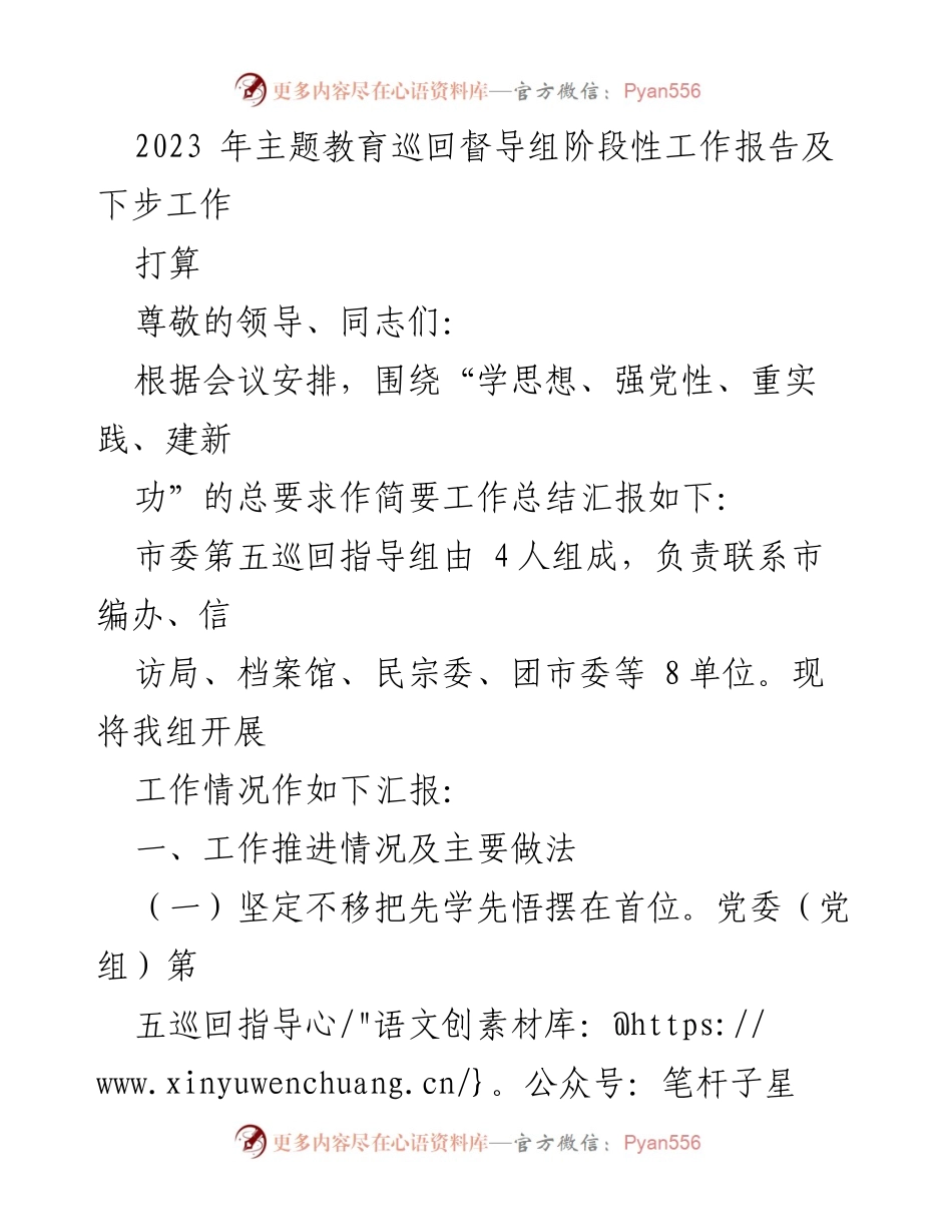 [工作总结] 主题教育 - 2023年主题教育巡回督导组阶段性工作总结与展望.docx_第1页