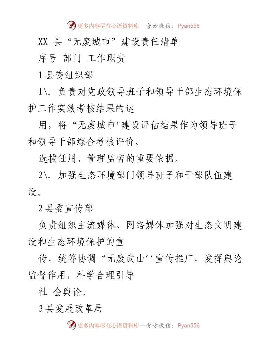 [工作总结] “无废城市”建设 - XX县“无废城市”建设责任清单.docx_第1页
