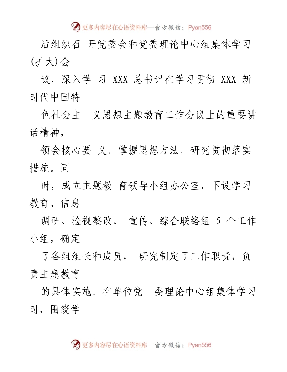 [工作总结] 主题教育推进 - 深入推进 XXX 新时代中国特色社会主义思想主题教育工作总结.docx_第2页