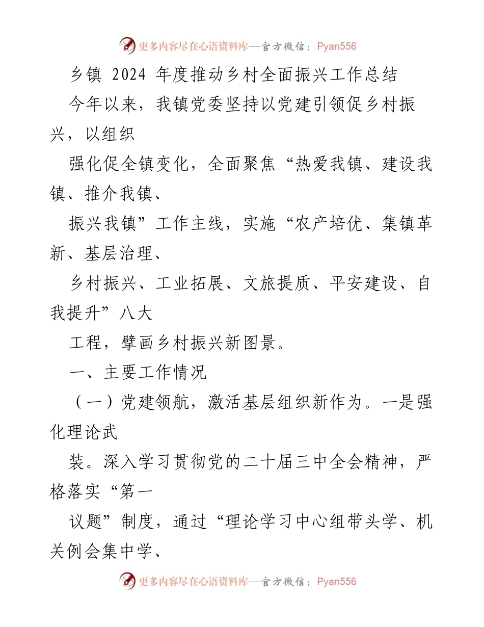 [工作总结] 乡镇 - 2024年度乡村振兴工作总结与实施方案.docx_第1页