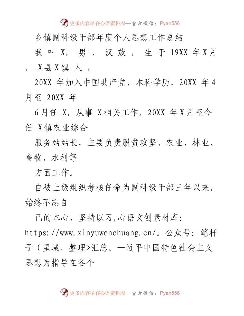 [工作总结] 乡镇副科级干部 - 年度思想与工作总结报告.docx_第1页
