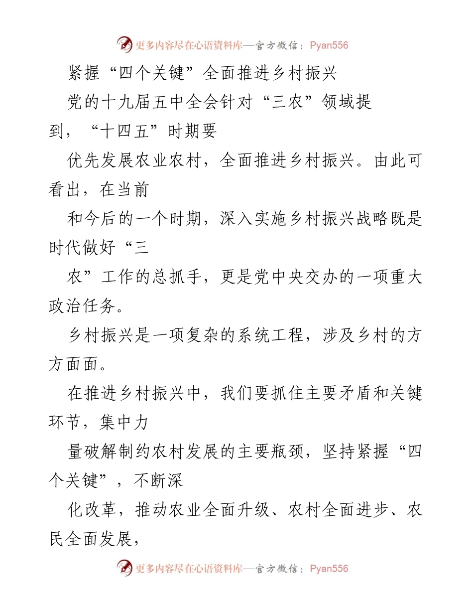 [工作总结] 乡村振兴战略推进 - 紧握“四个关键”，全面推进乡村振兴工作.docx_第1页