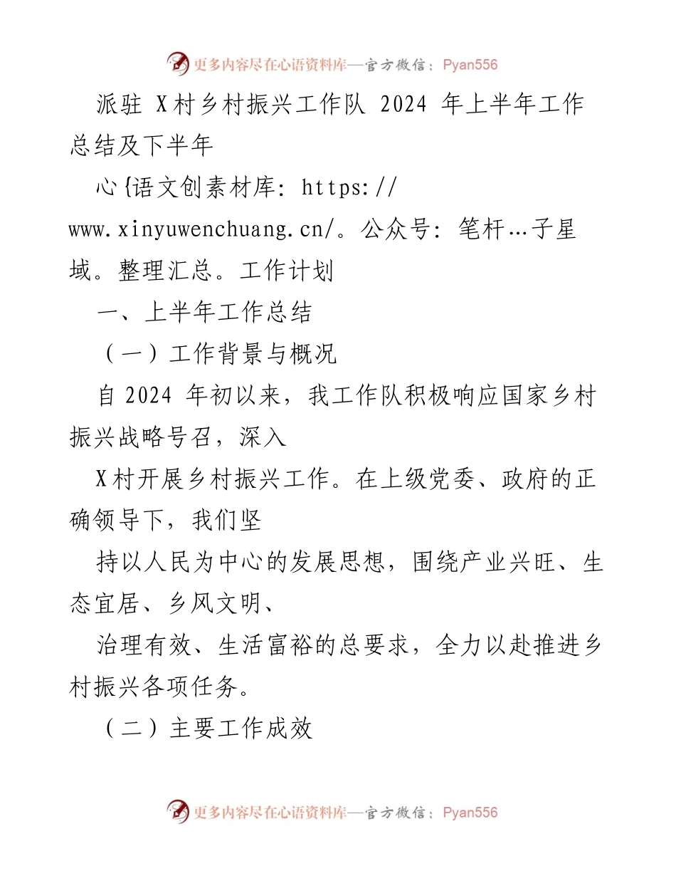 [工作总结] 乡村振兴工作队 - 2024年上半年工作总结与下半年计划.docx_第1页