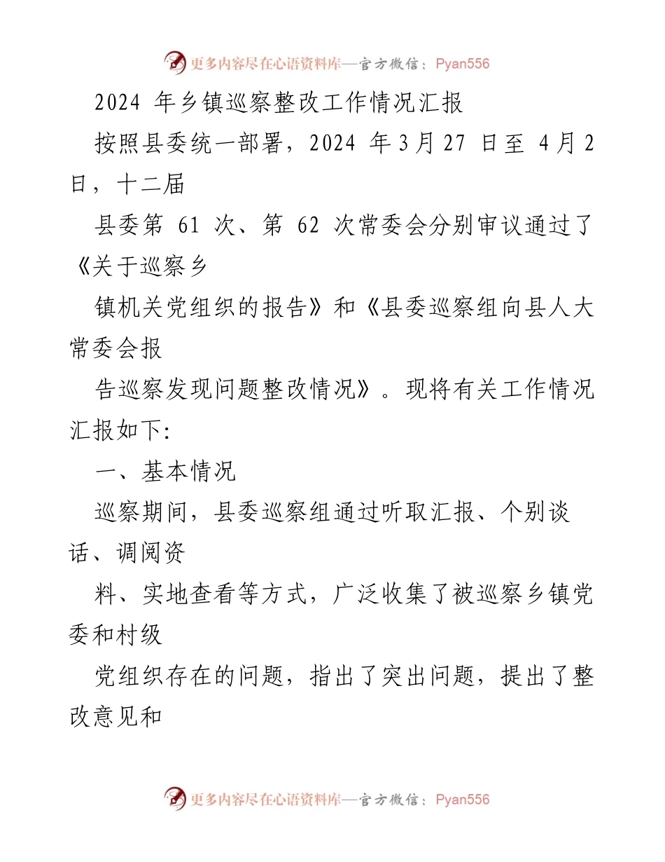 [工作总结] 乡镇巡察 - 2024年乡镇巡察整改工作情况汇报.docx_第1页