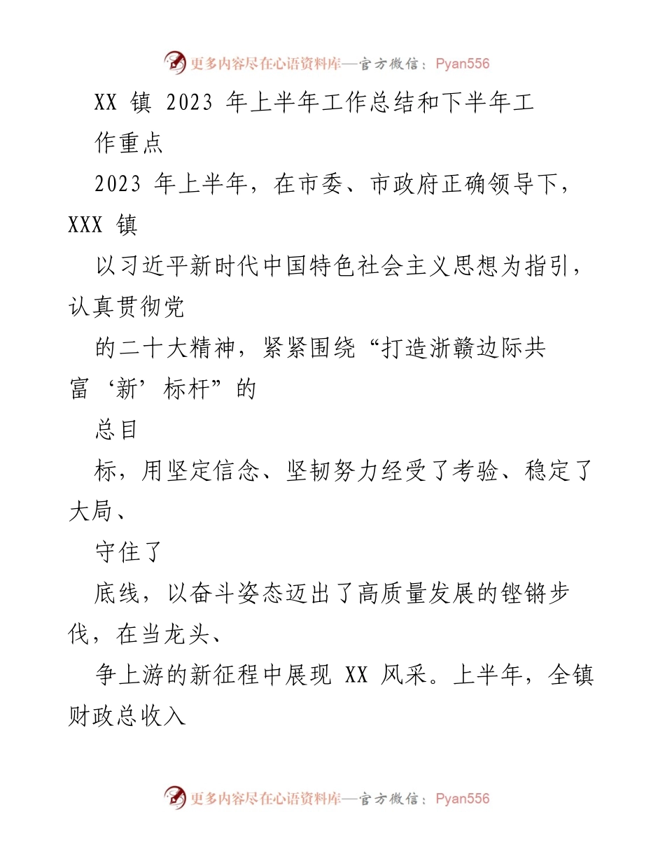 [工作总结] XX 镇2023年上半年 - XX 镇2023年上半年工作总结与下半年工作重点.docx_第1页