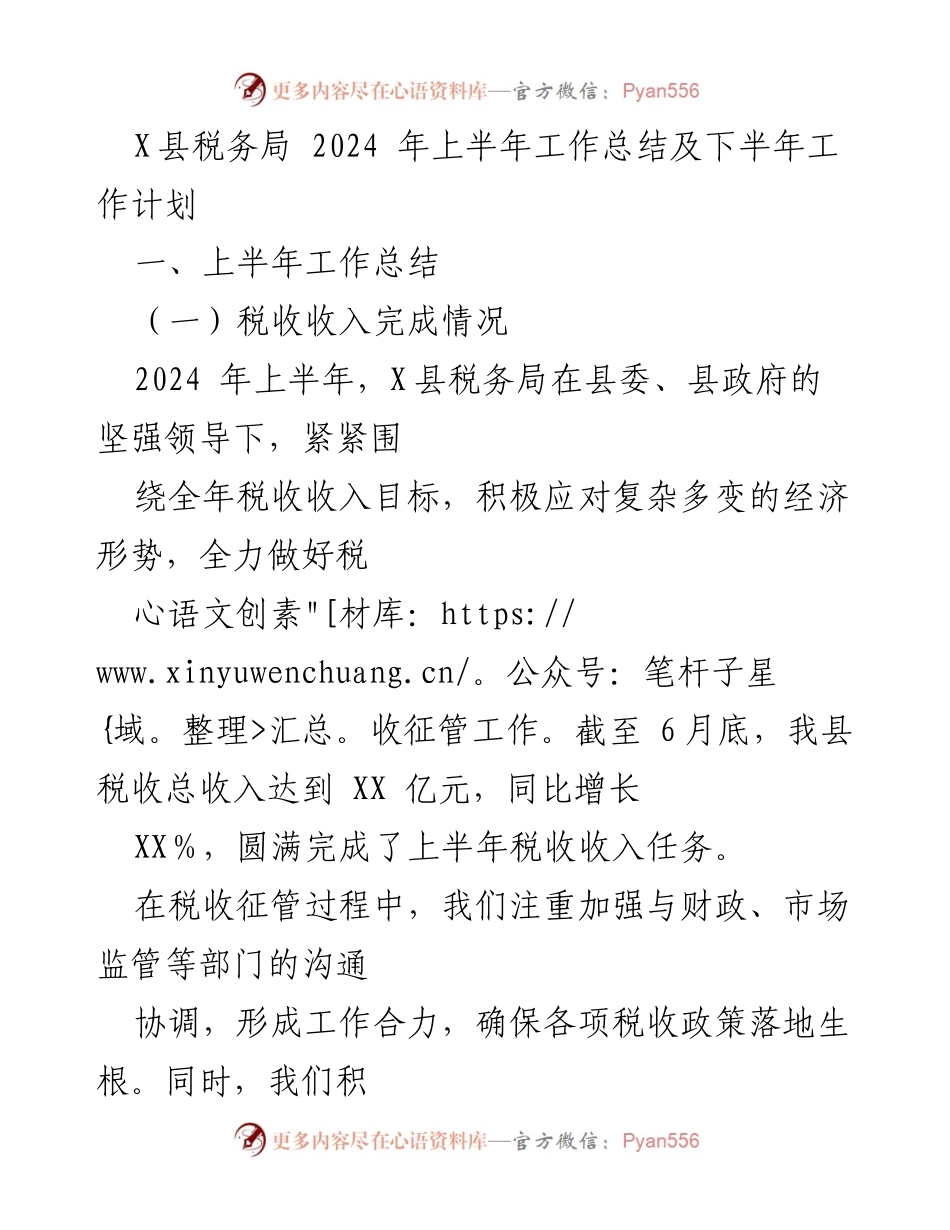[工作总结] X县税务局 - 2024年上半年工作总结与下半年工作计划.docx_第1页