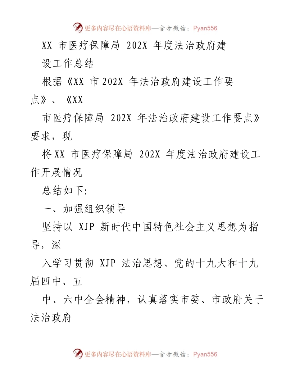 [工作总结] XX市医疗保障局 - 202X年度法治政府建设工作总结.docx_第1页