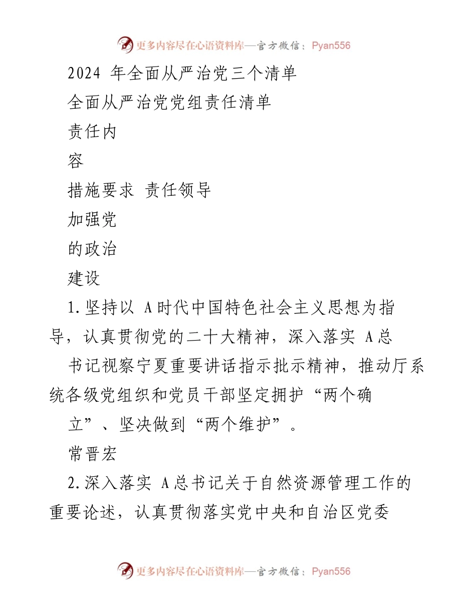 [工作总结] 2024年全面从严治党 - 2024年全面从严治党责任清单及落实措施.docx_第1页