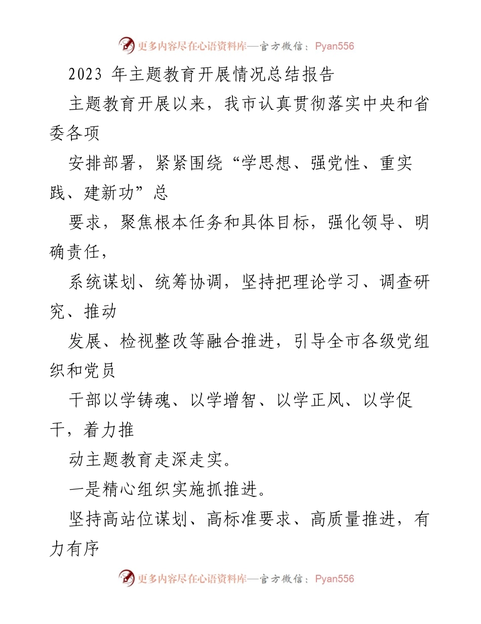 [工作总结] 主题教育 - 2023年主题教育开展情况总结报告.docx_第1页