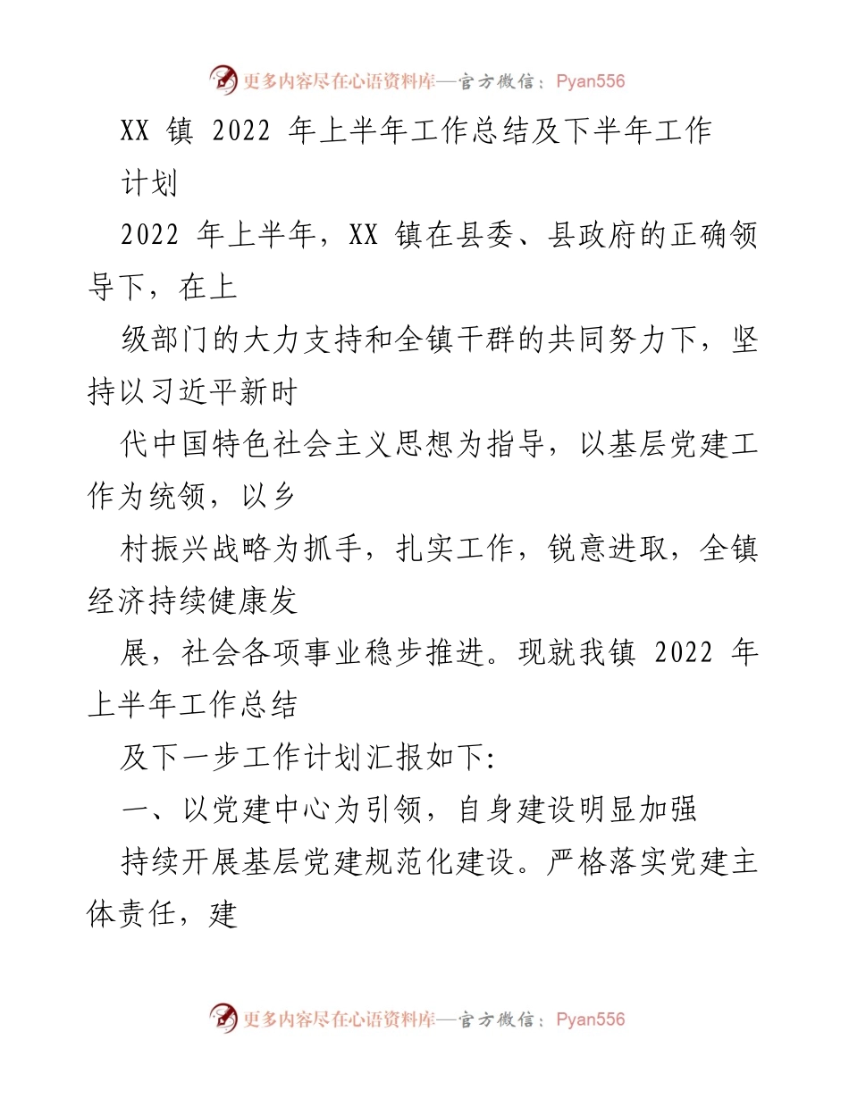 [工作总结] XX镇 - 2022年上半年工作总结与下半年工作计划.docx_第1页