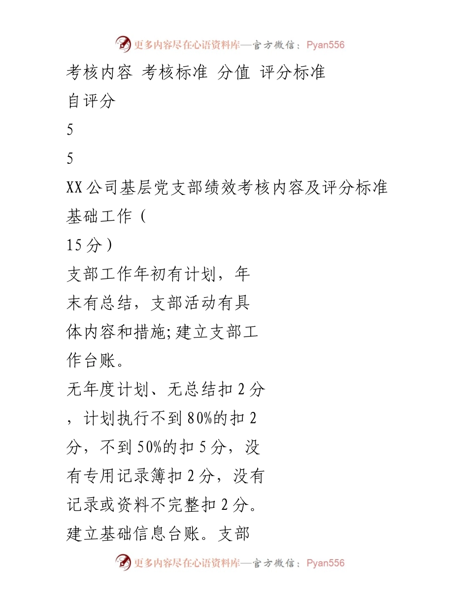 [工作总结] XX公司基层党支部 - 基层党支部绩效考核内容及评分标准.docx_第1页