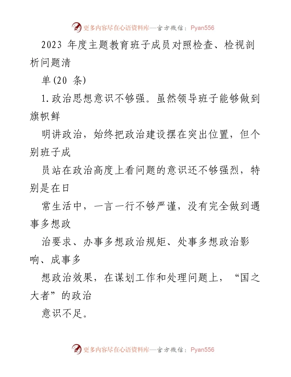 [工作总结] 主题教育 - 2023年度班子成员对照检查与问题剖析报告.docx_第1页
