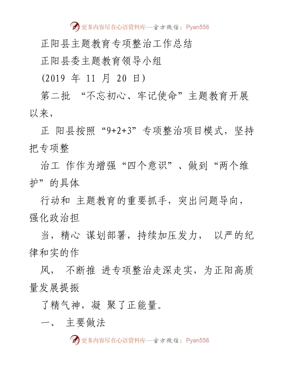 [工作总结] 主题教育专项整治 - 正阳县主题教育专项整治工作总结.docx_第1页