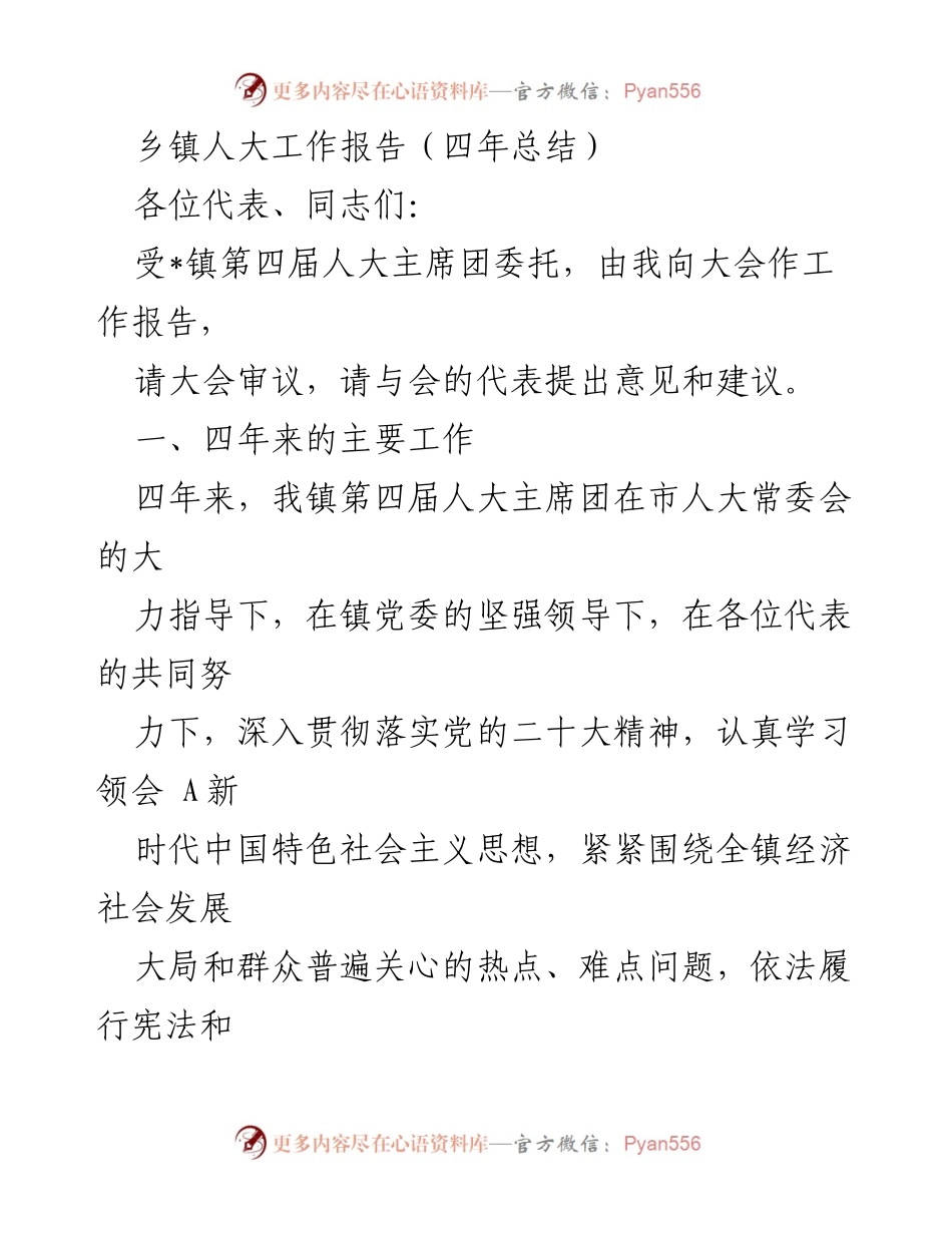[工作总结] 乡镇人大会议 - 乡镇人大工作四年总结报告.docx_第1页