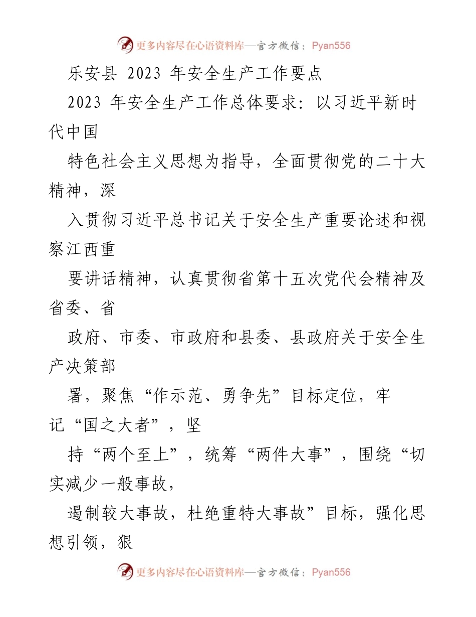 [工作总结] 乐安县 - 2023年安全生产工作要点及实施方案.docx_第1页